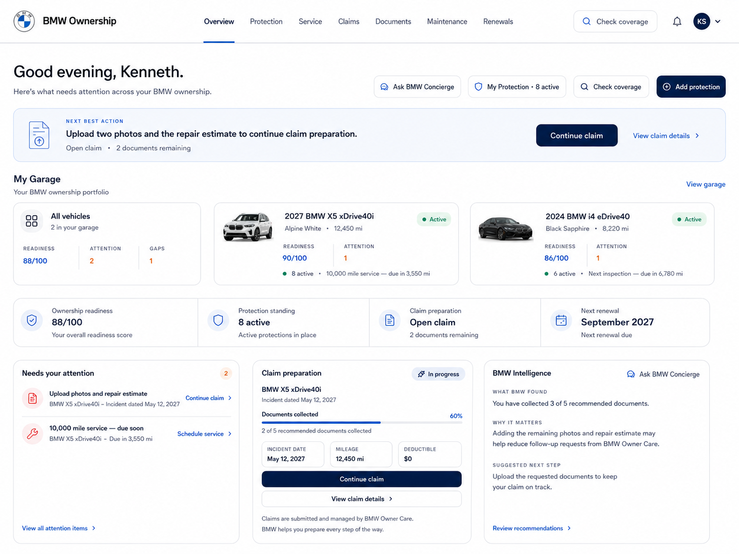 BMW Ownership customer portal concept — the owner's 2027 BMW X5 and 2024 BMW i4, protection standing, an open claim in preparation, and BMW Intelligence recommendations.